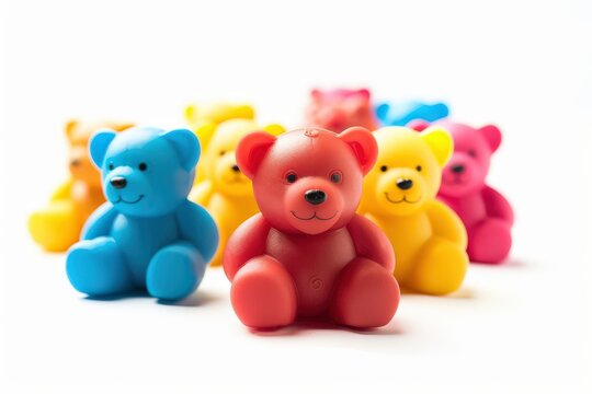 A collection of vibrantly colored teddy bears, each a distinct hue, are arranged together in a heartwarming display of childlike charm and innocence.