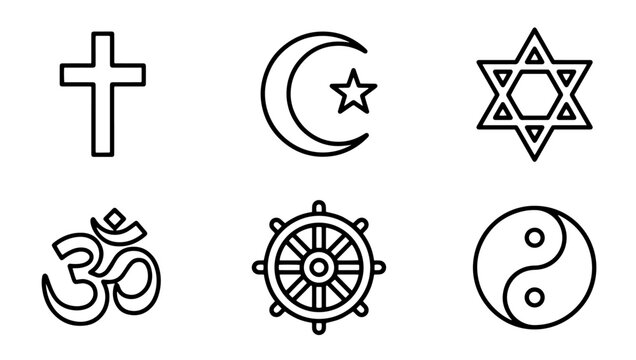 World religion symbols line icon set with christian cross islamic crescent star jewish star of david hindu om buddhist dharmachakra wheel and taoist yin yang outline vector illustration