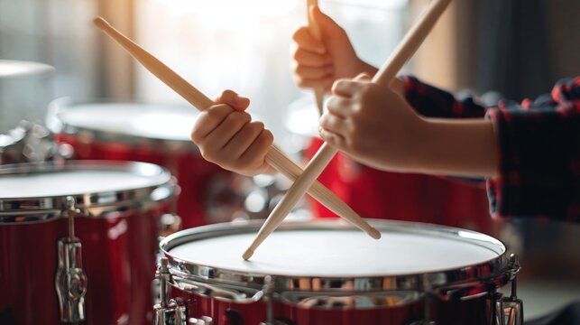 Close up of hands holding drumsticks playing a red drum set with bright studio lighting
