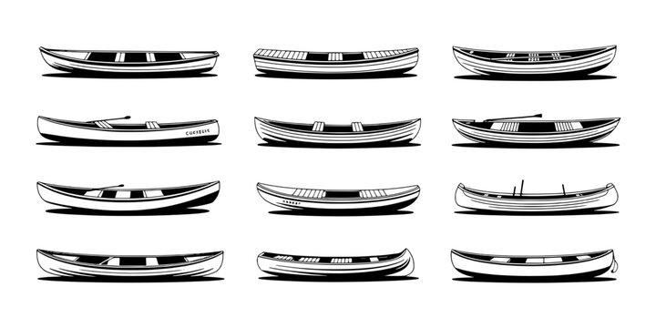 Boats small vector set with black and white line art, various styles and designs, nautical illustrations