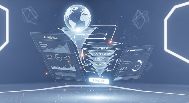 A futuristic digital illustration of a sales funnel with awareness, interest, consideration, intent, evaluation, and purchase stages, set against a blue background with glowing lines and a world map
