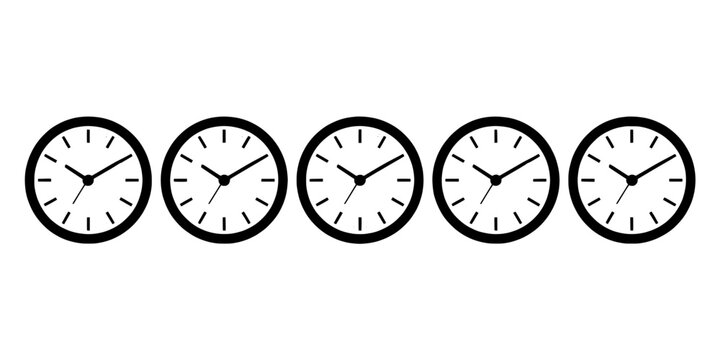 Clocks analog set with black frames and white faces showing different times featuring time, collection, icons with graphic and design elements for