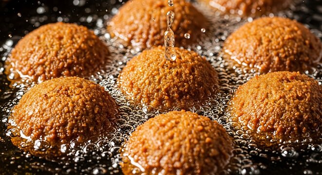 Closeup of golden brown falafel balls frying in hot bubbling oil