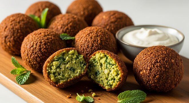Crispy falafel balls with fresh mint and creamy dipping sauce