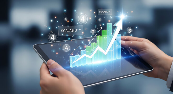 Businessman holding digital tablet displaying financial growth chart and scalability data
