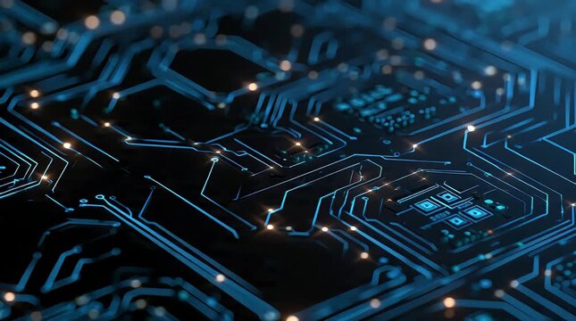 Abstract futuristic technology digital circuit board background with glowing blue neon light pulses representing artificial intelligence data processing information flow and microchip hardware