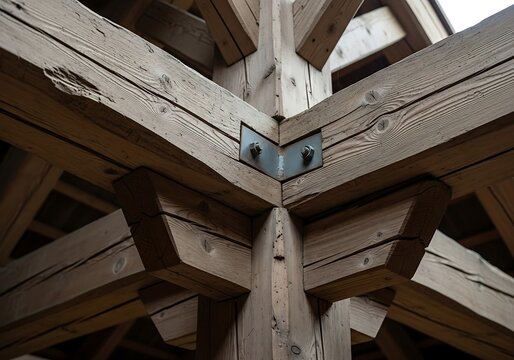 Detail of Heavy Timber Frame Construction Joint with Steel Connectors