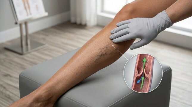 Vascular system ailment: varicose vein, vascular problem, physician inspect, patient limb, blood flow, health care, venous insufficiency, medical diagnosis, circulation issue.