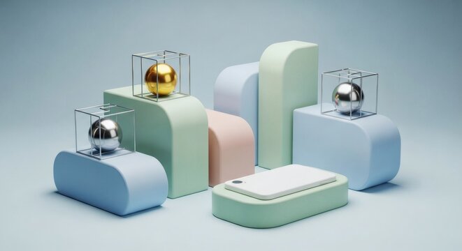Abstract three dimensional geometric display featuring pastel colored blocks and reflective gold and silver metallic spheres in wireframe cubes for creative product presentation showcase