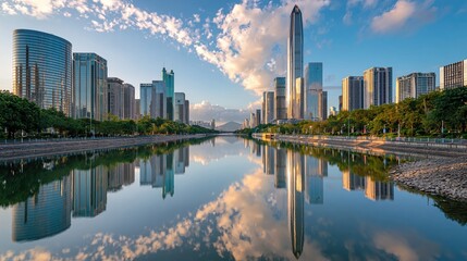 Fototapeta premium Modern Cityscape Reflections on Calm Water Under a Blue Sky with Clouds
