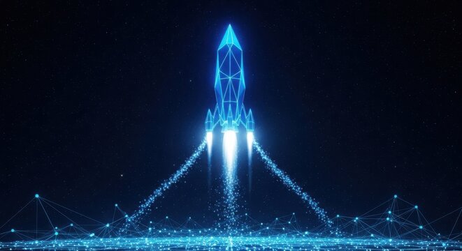 Glowing digital rocket launching into deep space illustration