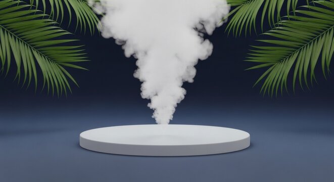 Smoke rises from a round platform surrounded by palm leaves on a dark blue surface