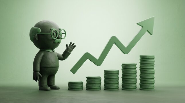 Businessman character stands next to a rising financial chart made of stacked green coin piles.