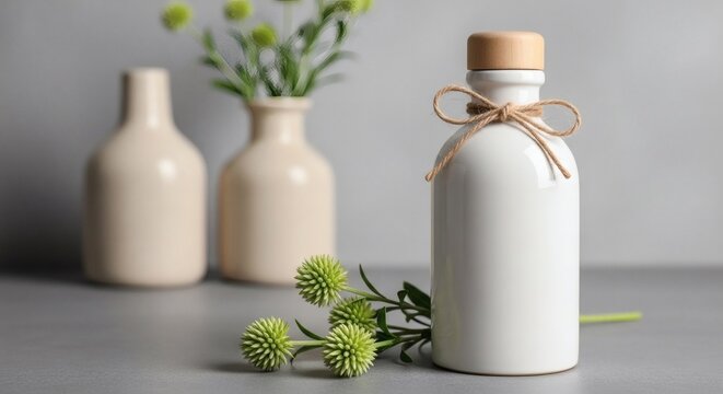 Serene still life composition with a tied bottle and flowers on a table with two other bottles