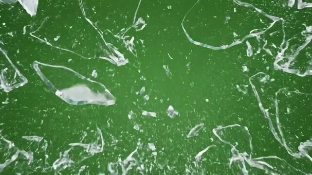 Realistic shattering glass on a green screen background, featuring an explosive impact point with spreading spiderweb cracks and flying transparent shards.