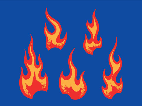 Cartoon flames set. Red and orange hot rod flame elements isolated on blue background. Vintage tattoo style bonfire collection for sticker design, racing graphics, and streetwear.