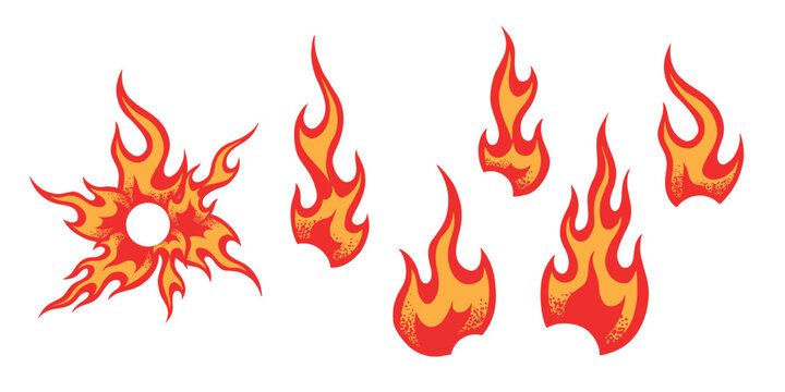 Cartoon flames and circular sunburst vector pack. Isolated red and orange burning elements on white background. Vintage tattoo style graphic asset.