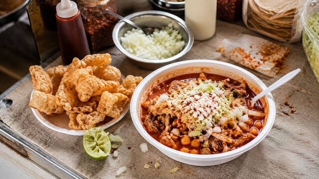Documentary Market Stall Pozole Bowl with Chicharron and Cotija