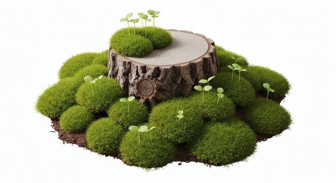 Mossy tree stump with green moss balls on a plain surface