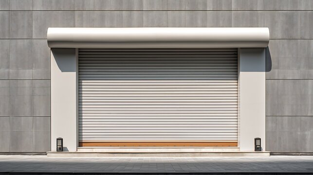 Metal rolling shutter door on concrete building facade with neutral tones, modern urban architecture and commercial exterior design concept.