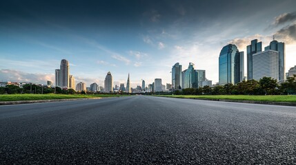 Fototapeta premium Empty asphalt road leading towards a modern city skyline with skyscrapers under a dramatic sky