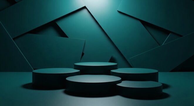 Dark teal colored circular platforms in a dimly lit room with abstract geometric shapes on the wall and a light source