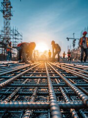 Naklejka premium Construction workers building foundation with rebar framework at sunset, industrial development