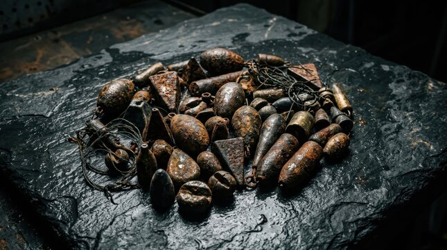 A collection of assorted weathered fishing sinkers and weights resting on a dark, textured stone surface
