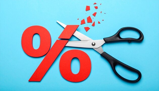 Scissors cutting red percentage symbol representing discount or price reduction