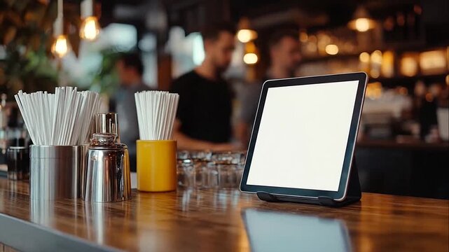Tablet with blank white screen on wooden bar counter in cozy cafe with bokeh lights