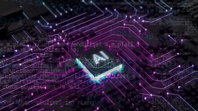 Futuristic microchip processor with AI letters and programming code.