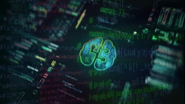 Green digital brain icon puzzle with matrix data stream background.