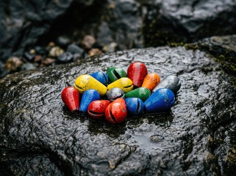 Colorful fishing sinkers, weights resting on a wet dark rock surface