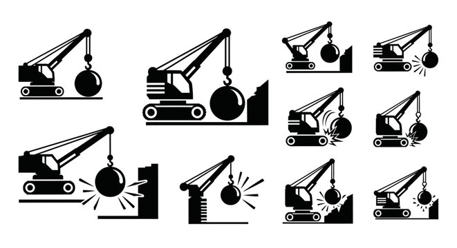 Demolition Crane Icons: Wrecking Ball Icon Set, Construction and Destruction Symbols