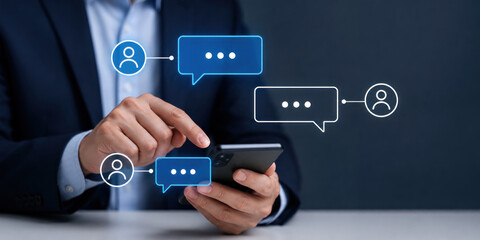 Naklejka premium A businessman using a smartphone with chat icons floating above it