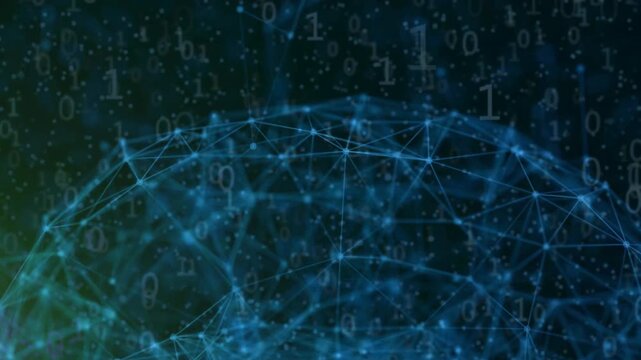 Digital human brain animation with binary code numbers background.