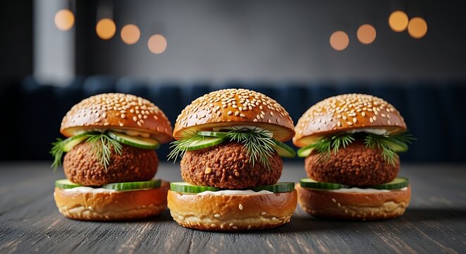 Three delicious falafel sliders with fresh cucumber and dill