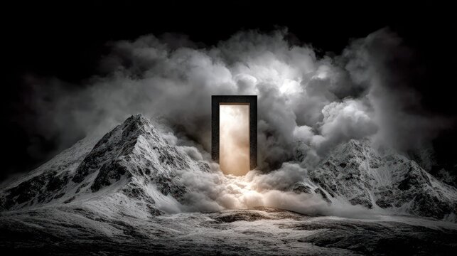 Illuminated portal stands between two snowy mountain peaks enveloped in dense fog