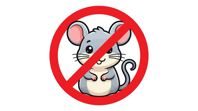 Cute cartoon mouse inside a red circular prohibition sign representing a no rodents allowed warning symbol
