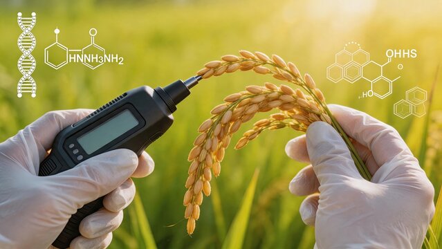 Scientist analyzing rice grains with digital device in field, agriculture biotechnology research concept, DNA and chemical structure overlay