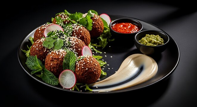 A plate of crispy falafel with tahini, spicy sauce, and fresh herbs