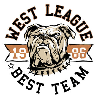 Vintage sports emblem featuring a tough bulldog head illustration with a spiked collar and text that reads West League 1986 Best Team, presented in a hand-drawn sketch style on a white background.