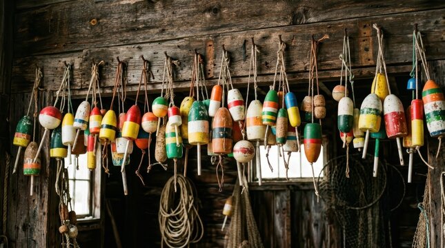 Collection of colorful vintage fishing buoys hanging on a rustic wooden wall in a shed