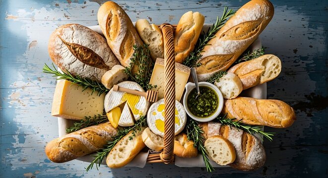 Rustic picnic basket filled with assorted artisan breads and cheeses