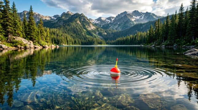 Fishing bobber floating on a serene mountain lake with clear water and pine forest reflections