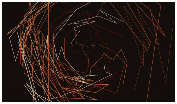 Abstract orange lines creating a chaotic yet artistic spiral on dark background.