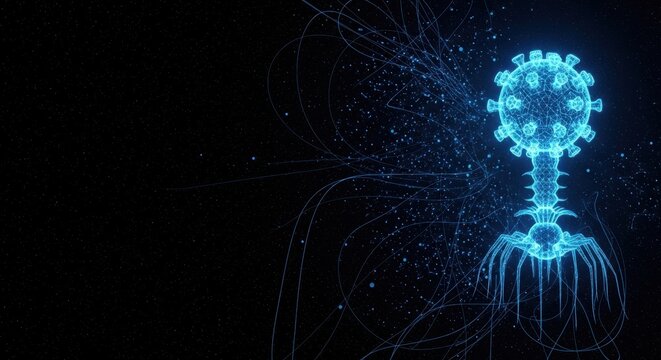 Glowing blue bacteriophage virus model on dark background illustration