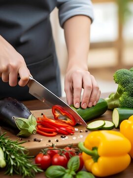 Professional chef hands slicing fresh colorful vegetables on a wooden cutting board
