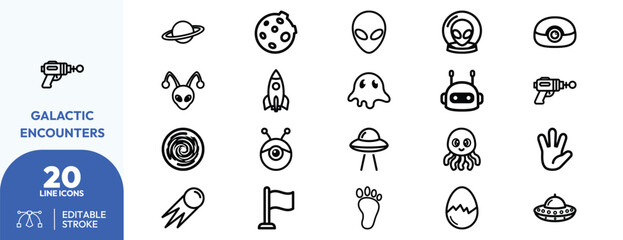 Galactic Encounters icon set. Containing alien, rocket, UFO, planet, comet, octopus, and more. Editable stroke. Vector illustration. © khopidd232