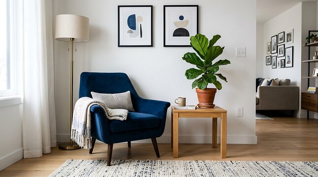 Cozy reading nook with blue velvet armchair, potted fiddle leaf fig plant, and modern art prints in a bright minimalist living room interior